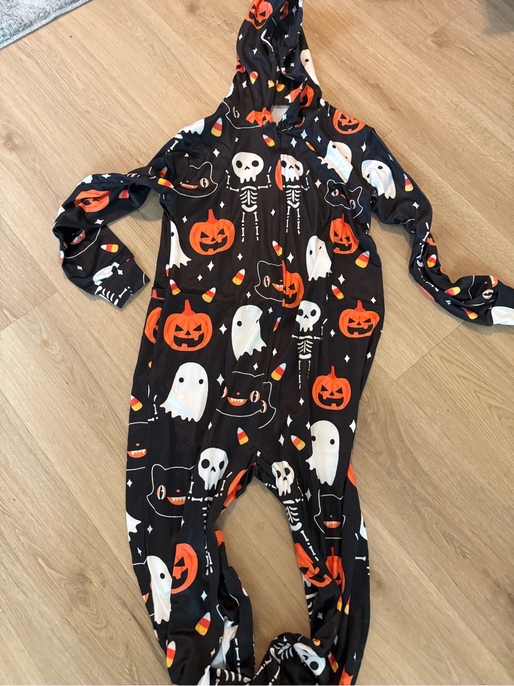 Adult large Halloween Hooded One-Piece Pajamas - Black with Orange & White Print